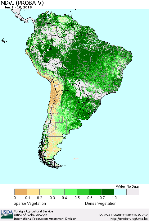 South America NDVI (PROBA-V) Thematic Map For 6/1/2018 - 6/10/2018