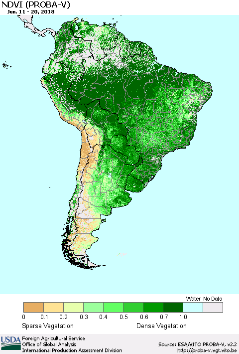 South America NDVI (PROBA-V) Thematic Map For 6/11/2018 - 6/20/2018