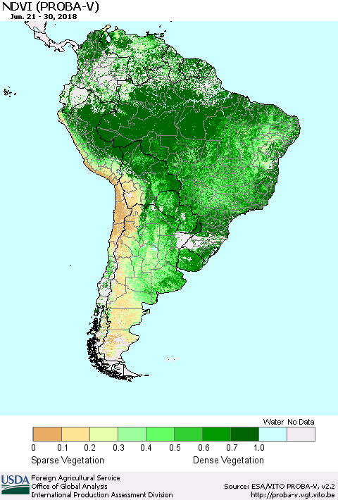 South America NDVI (PROBA-V) Thematic Map For 6/21/2018 - 6/30/2018