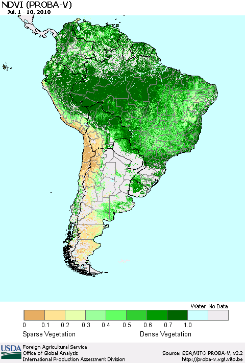 South America NDVI (PROBA-V) Thematic Map For 7/1/2018 - 7/10/2018