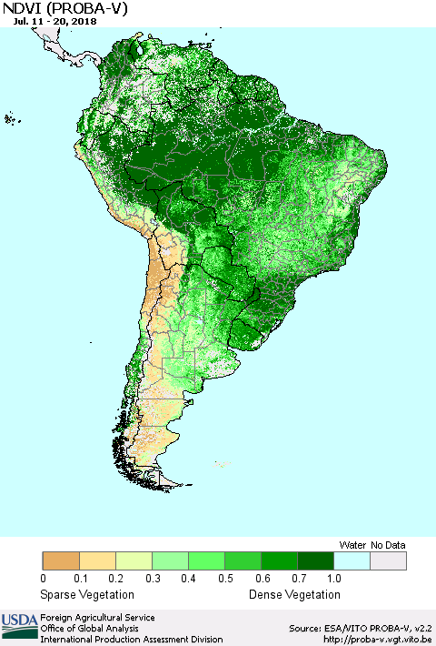 South America NDVI (PROBA-V) Thematic Map For 7/11/2018 - 7/20/2018