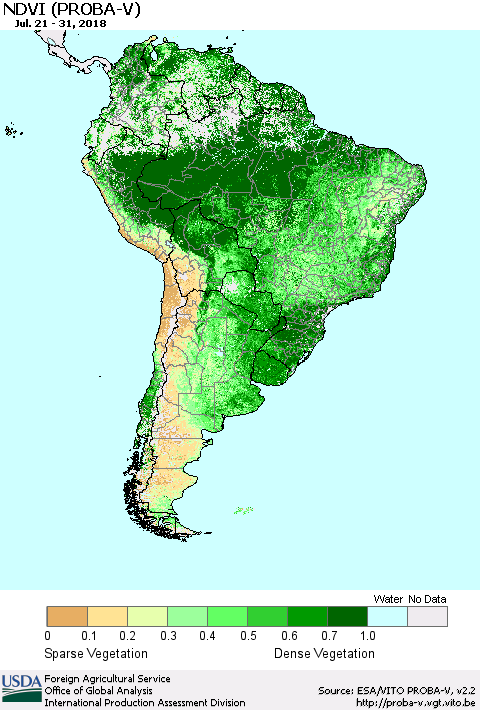 South America NDVI (PROBA-V) Thematic Map For 7/21/2018 - 7/31/2018