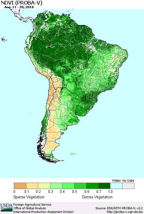 South America NDVI (PROBA-V) Thematic Map For 8/11/2018 - 8/20/2018