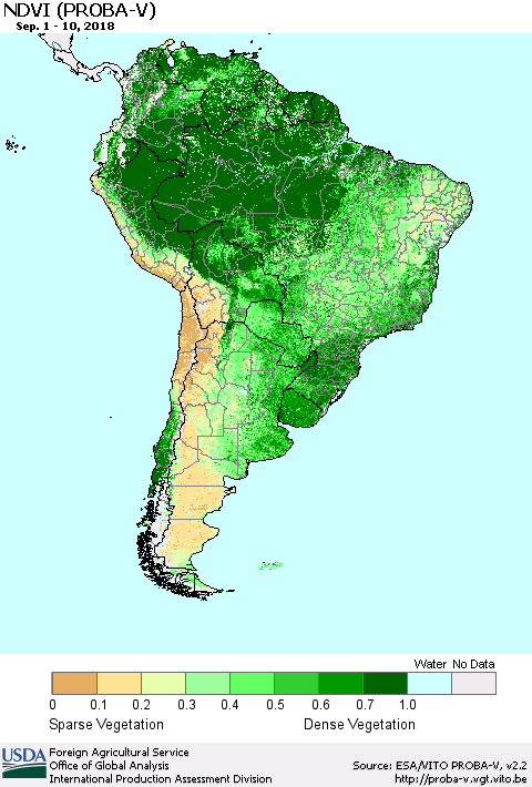 South America NDVI (PROBA-V) Thematic Map For 9/1/2018 - 9/10/2018