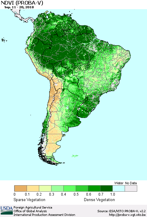 South America NDVI (PROBA-V) Thematic Map For 9/11/2018 - 9/20/2018
