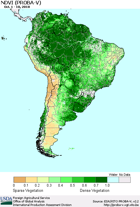 South America NDVI (PROBA-V) Thematic Map For 10/1/2018 - 10/10/2018