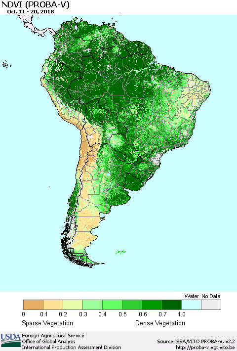 South America NDVI (PROBA-V) Thematic Map For 10/11/2018 - 10/20/2018