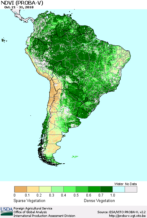 South America NDVI (PROBA-V) Thematic Map For 10/21/2018 - 10/31/2018