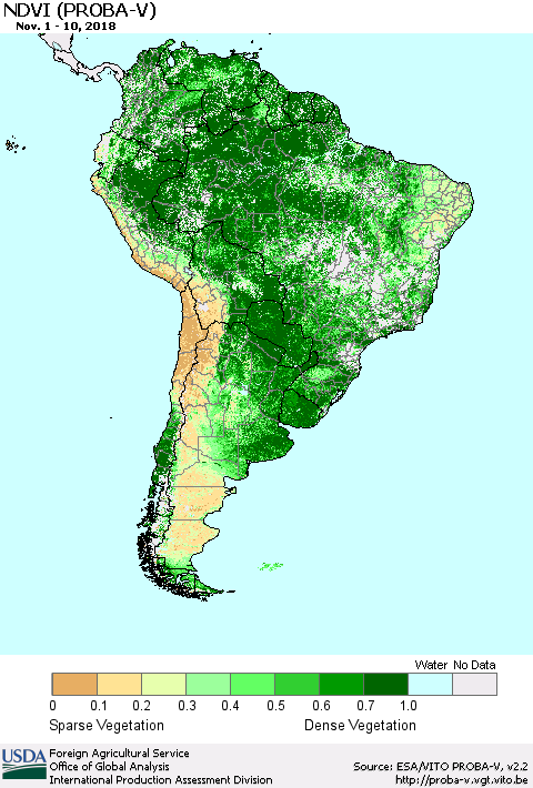 South America NDVI (PROBA-V) Thematic Map For 11/1/2018 - 11/10/2018