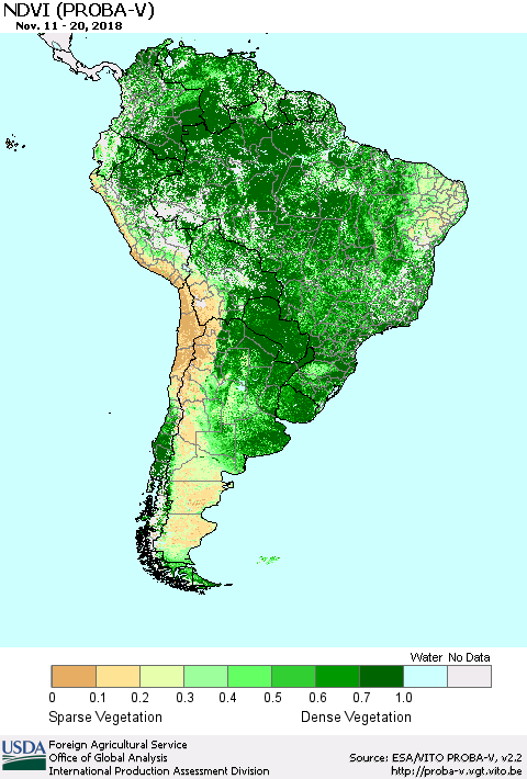 South America NDVI (PROBA-V) Thematic Map For 11/11/2018 - 11/20/2018