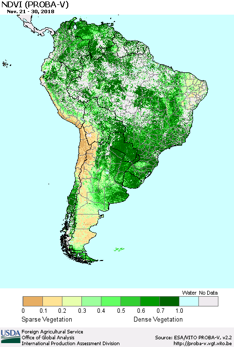 South America NDVI (PROBA-V) Thematic Map For 11/21/2018 - 11/30/2018