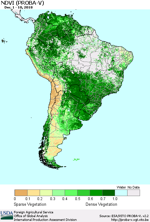 South America NDVI (PROBA-V) Thematic Map For 12/1/2018 - 12/10/2018