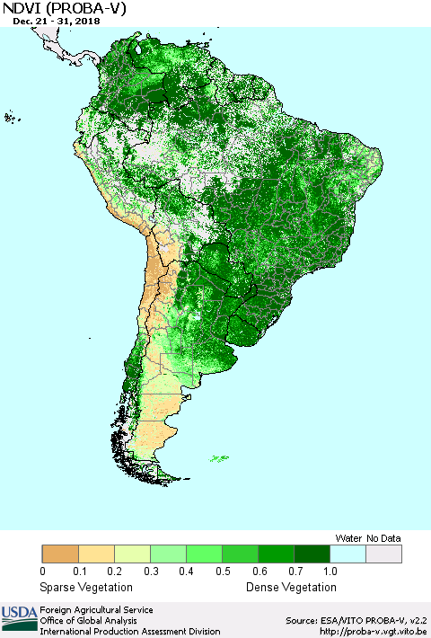South America NDVI (PROBA-V) Thematic Map For 12/21/2018 - 12/31/2018