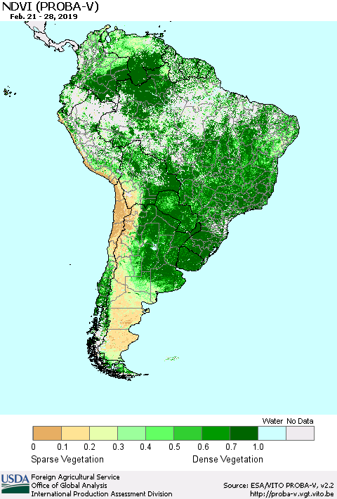 South America NDVI (PROBA-V) Thematic Map For 2/21/2019 - 2/28/2019