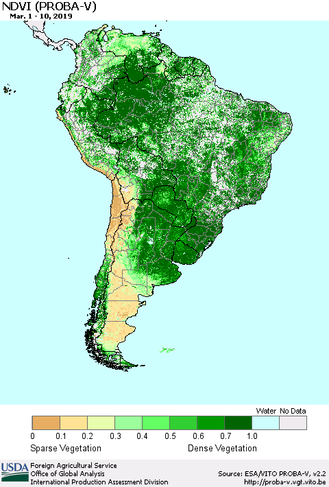 South America NDVI (PROBA-V) Thematic Map For 3/1/2019 - 3/10/2019