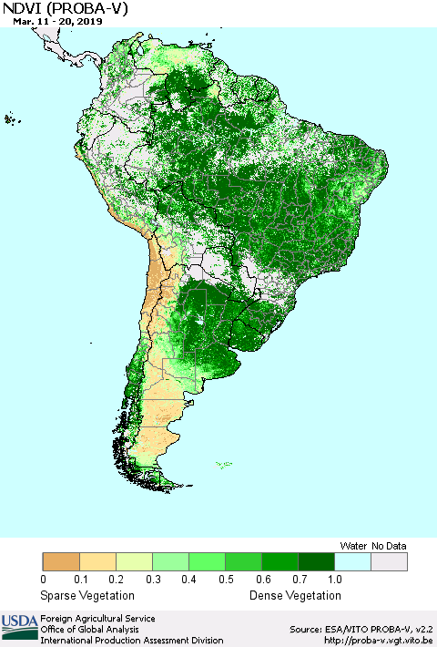 South America NDVI (PROBA-V) Thematic Map For 3/11/2019 - 3/20/2019