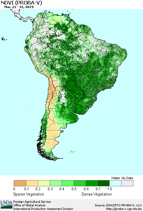 South America NDVI (PROBA-V) Thematic Map For 3/21/2019 - 3/31/2019