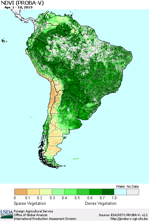 South America NDVI (PROBA-V) Thematic Map For 4/1/2019 - 4/10/2019