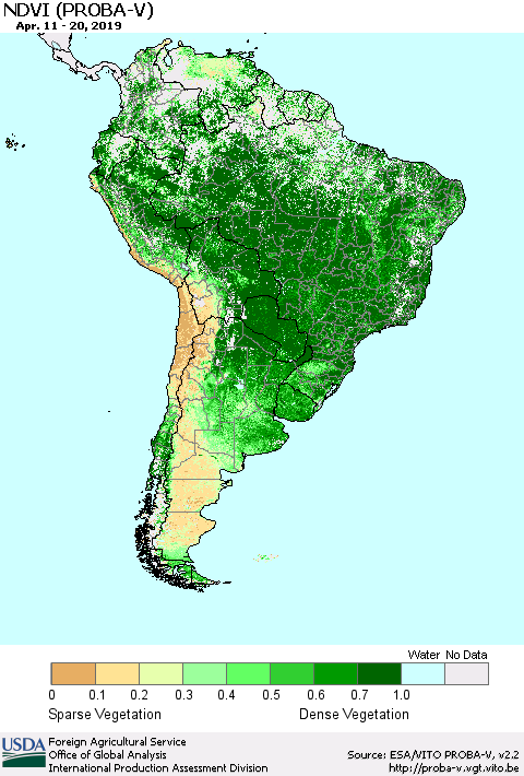 South America NDVI (PROBA-V) Thematic Map For 4/11/2019 - 4/20/2019