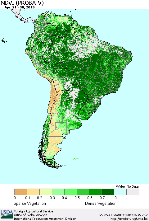 South America NDVI (PROBA-V) Thematic Map For 4/21/2019 - 4/30/2019
