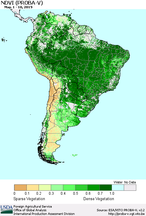 South America NDVI (PROBA-V) Thematic Map For 5/1/2019 - 5/10/2019