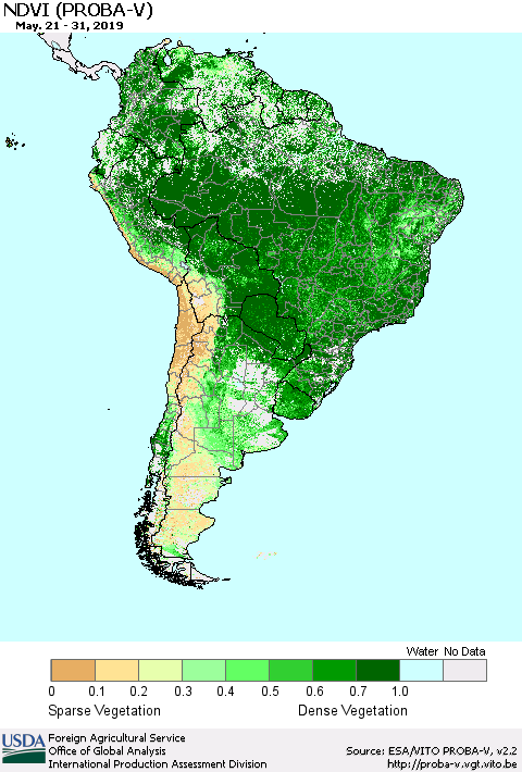 South America NDVI (PROBA-V) Thematic Map For 5/21/2019 - 5/31/2019