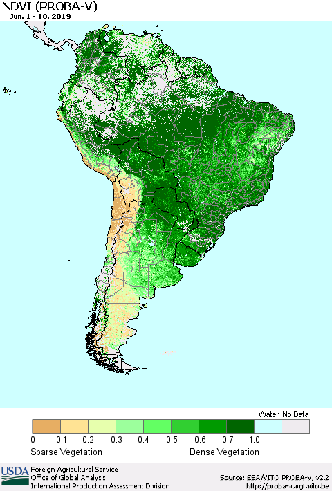 South America NDVI (PROBA-V) Thematic Map For 6/1/2019 - 6/10/2019