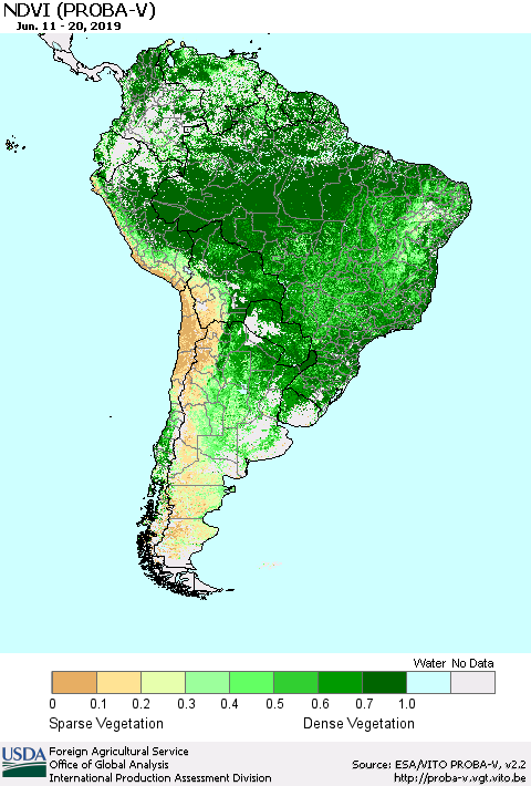 South America NDVI (PROBA-V) Thematic Map For 6/11/2019 - 6/20/2019