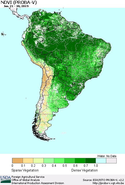 South America NDVI (PROBA-V) Thematic Map For 6/21/2019 - 6/30/2019