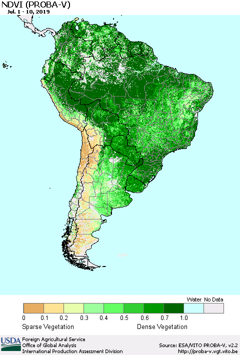 South America NDVI (PROBA-V) Thematic Map For 7/1/2019 - 7/10/2019