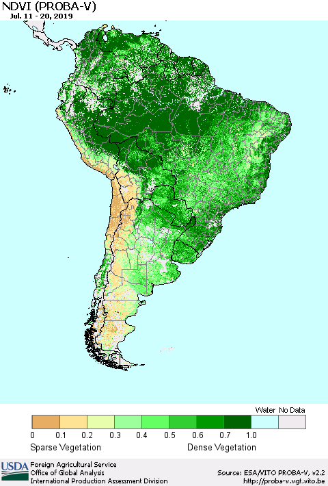 South America NDVI (PROBA-V) Thematic Map For 7/11/2019 - 7/20/2019