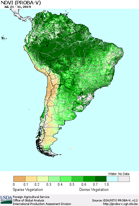 South America NDVI (PROBA-V) Thematic Map For 7/21/2019 - 7/31/2019