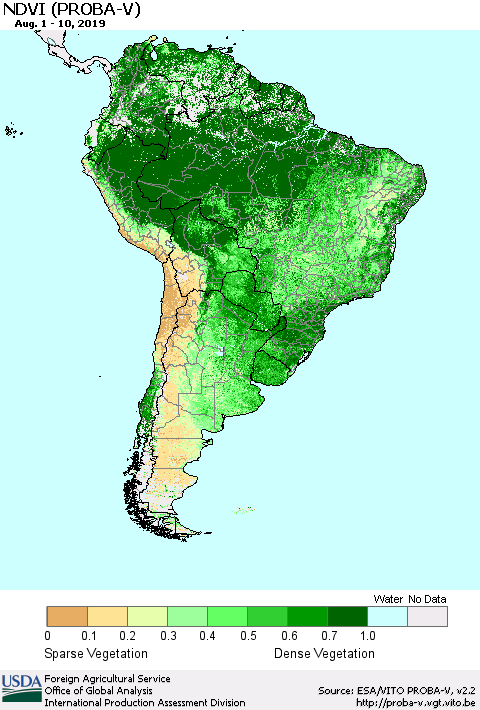 South America NDVI (PROBA-V) Thematic Map For 8/1/2019 - 8/10/2019