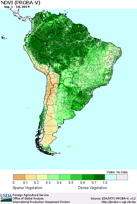 South America NDVI (PROBA-V) Thematic Map For 9/1/2019 - 9/10/2019