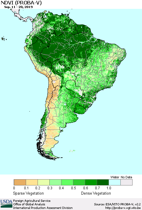 South America NDVI (PROBA-V) Thematic Map For 9/11/2019 - 9/20/2019