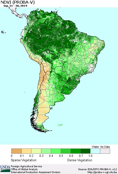 South America NDVI (PROBA-V) Thematic Map For 9/21/2019 - 9/30/2019
