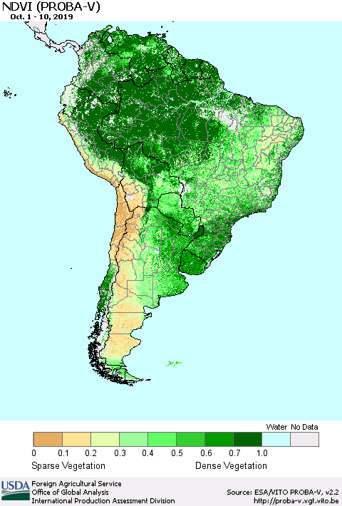 South America NDVI (PROBA-V) Thematic Map For 10/1/2019 - 10/10/2019