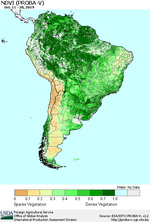 South America NDVI (PROBA-V) Thematic Map For 10/11/2019 - 10/20/2019