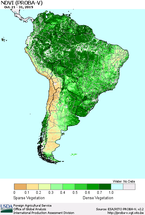 South America NDVI (PROBA-V) Thematic Map For 10/21/2019 - 10/31/2019