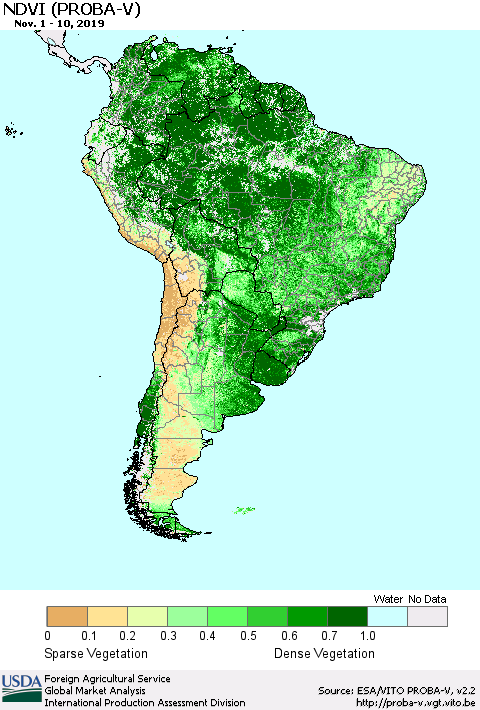 South America NDVI (PROBA-V) Thematic Map For 11/1/2019 - 11/10/2019