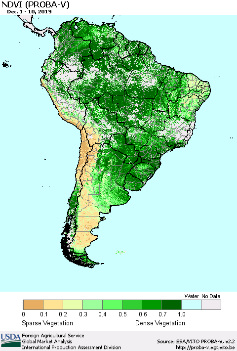 South America NDVI (PROBA-V) Thematic Map For 12/1/2019 - 12/10/2019