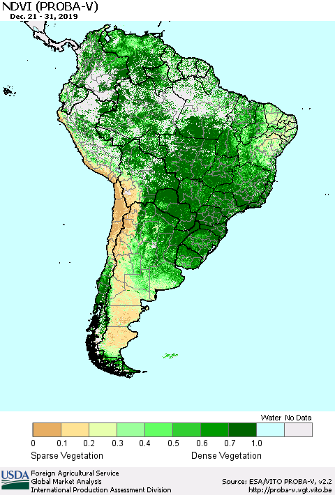 South America NDVI (PROBA-V) Thematic Map For 12/21/2019 - 12/31/2019