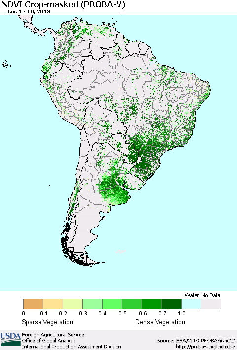 South America NDVI Crop-masked (PROBA-V) Thematic Map For 1/1/2018 - 1/10/2018