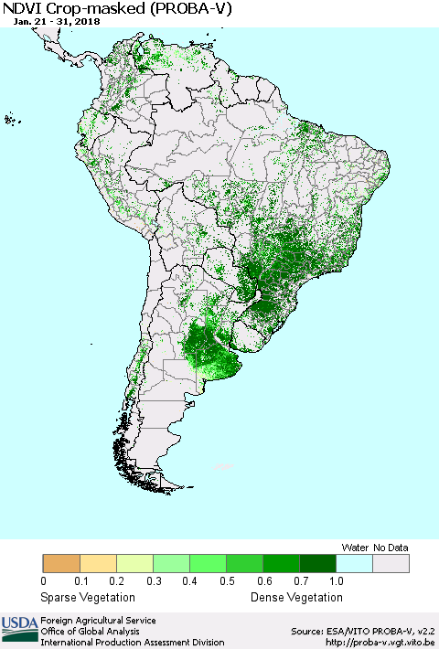 South America NDVI Crop-masked (PROBA-V) Thematic Map For 1/21/2018 - 1/31/2018