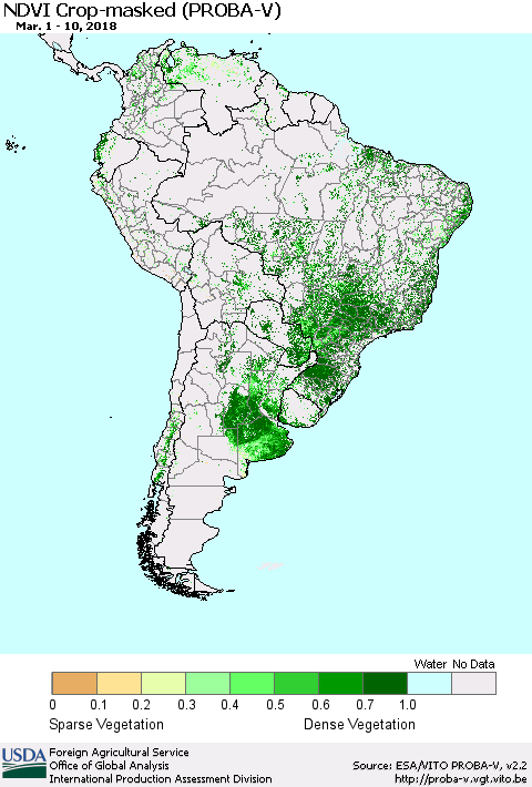 South America NDVI Crop-masked (PROBA-V) Thematic Map For 3/1/2018 - 3/10/2018