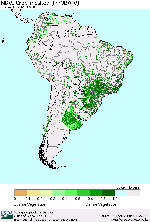South America NDVI Crop-masked (PROBA-V) Thematic Map For 3/11/2018 - 3/20/2018