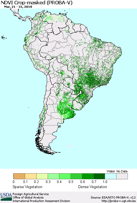 South America NDVI Crop-masked (PROBA-V) Thematic Map For 3/21/2018 - 3/31/2018