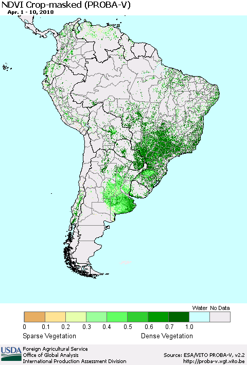 South America NDVI Crop-masked (PROBA-V) Thematic Map For 4/1/2018 - 4/10/2018