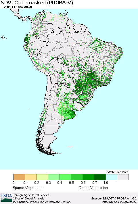 South America NDVI Crop-masked (PROBA-V) Thematic Map For 4/11/2018 - 4/20/2018