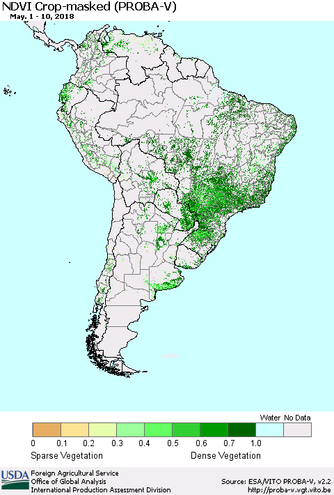 South America NDVI Crop-masked (PROBA-V) Thematic Map For 5/1/2018 - 5/10/2018